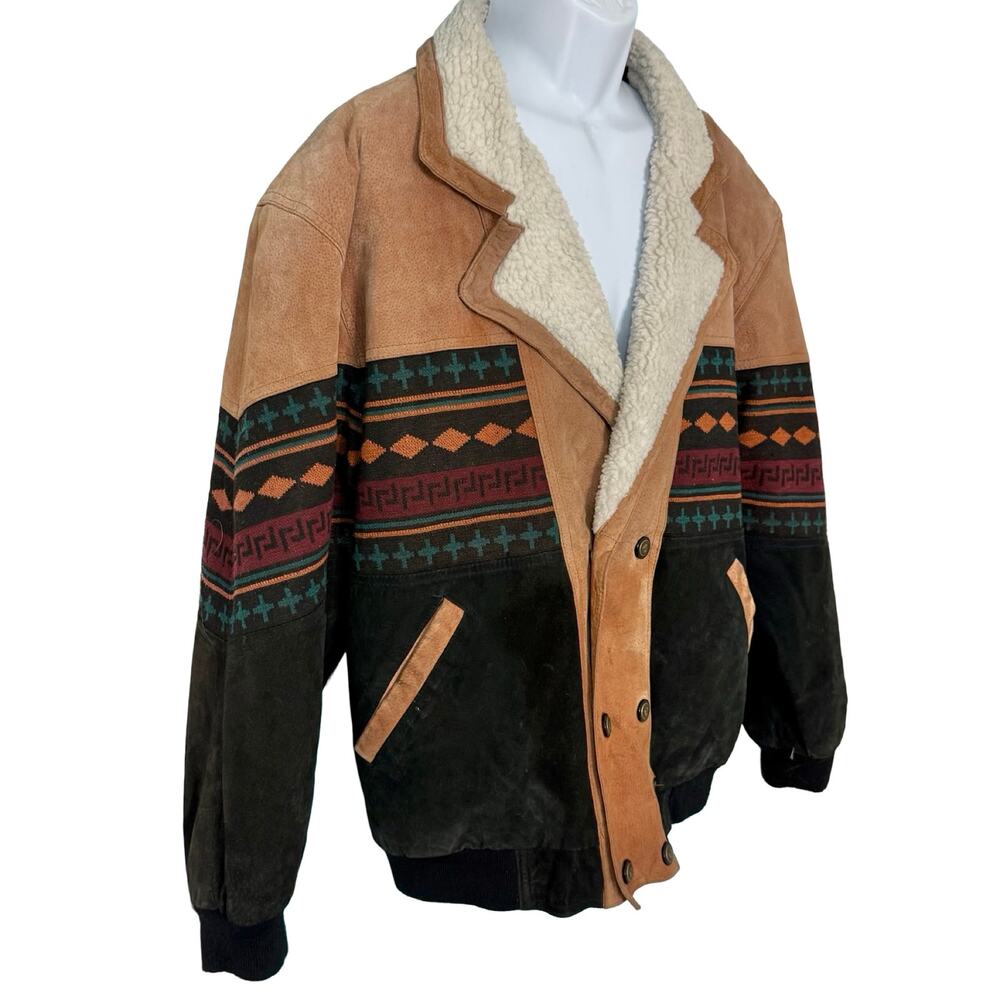 Vintage 90s Tan Black Leather Southwest Sherpa Lined Trucker Jacket size XXL - Picture 14 of 16